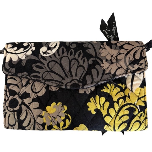 Vera Bradley Black Yellow Floral Quilted Wallet Crossbody Bag Wristlet - Picture 4 of 8